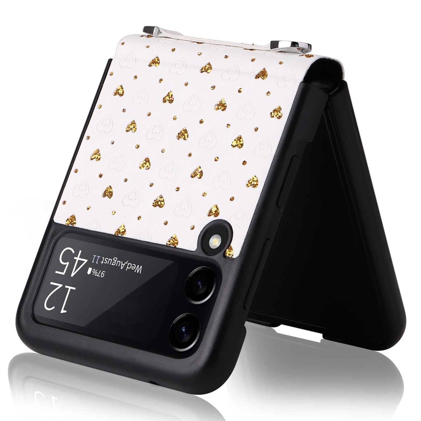 For Samsung Galaxy Z Flip3 5G PU Leather Coated PC Case Multiple Heart Shapes One-piece Phone Cover with Shoulder Strap