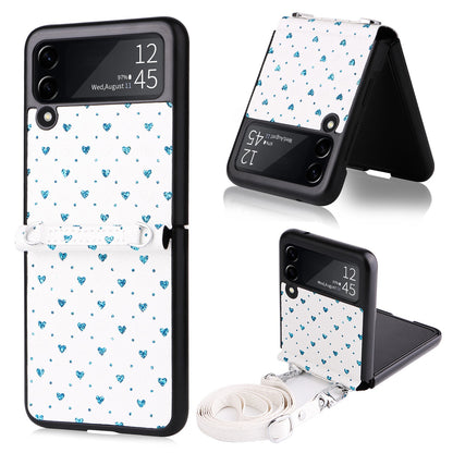 For Samsung Galaxy Z Flip3 5G PU Leather Coated PC Case Multiple Heart Shapes One-piece Phone Cover with Shoulder Strap