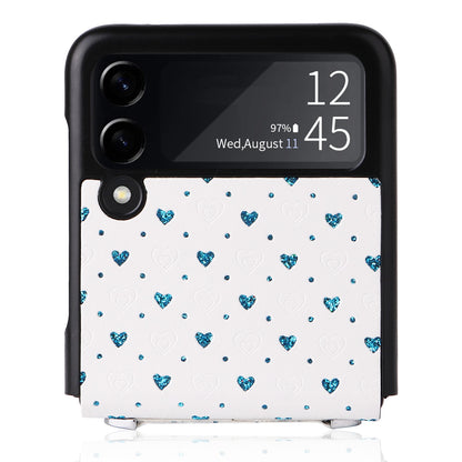 For Samsung Galaxy Z Flip3 5G PU Leather Coated PC Case Multiple Heart Shapes One-piece Phone Cover with Shoulder Strap