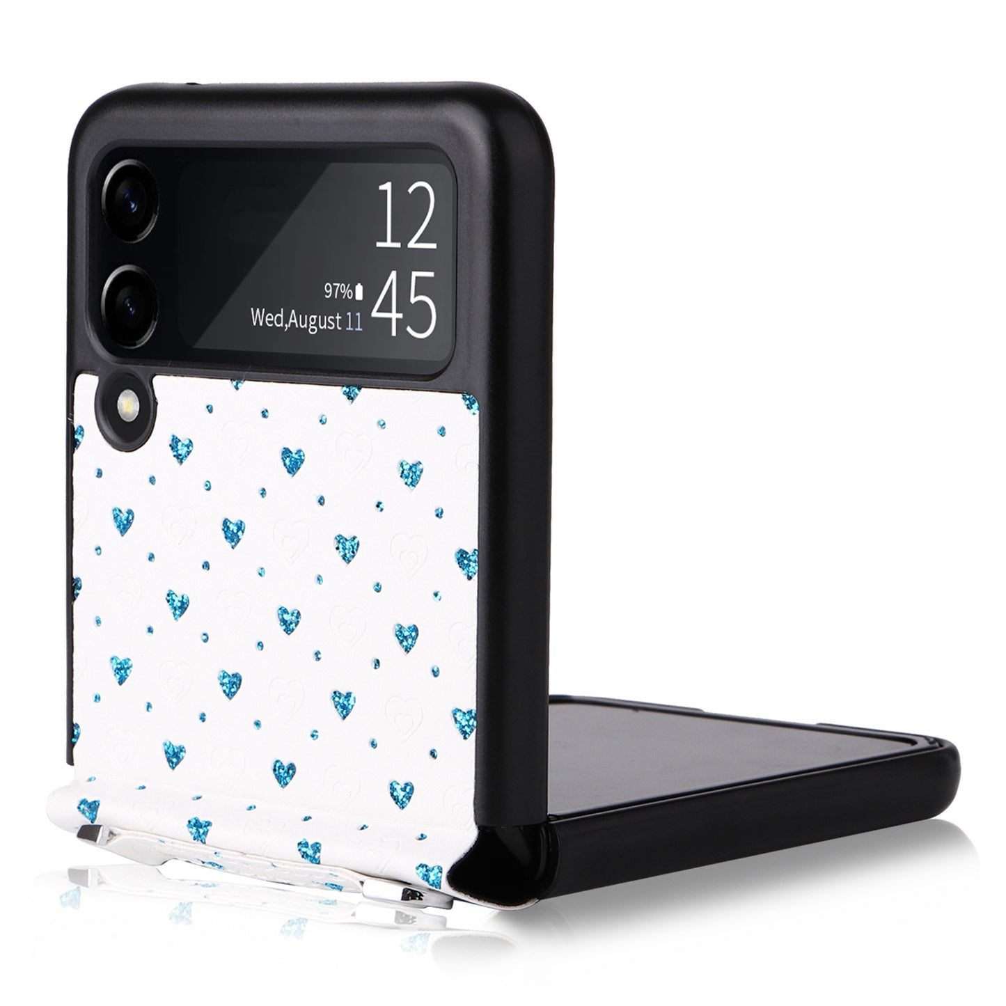 For Samsung Galaxy Z Flip3 5G PU Leather Coated PC Case Multiple Heart Shapes One-piece Phone Cover with Shoulder Strap