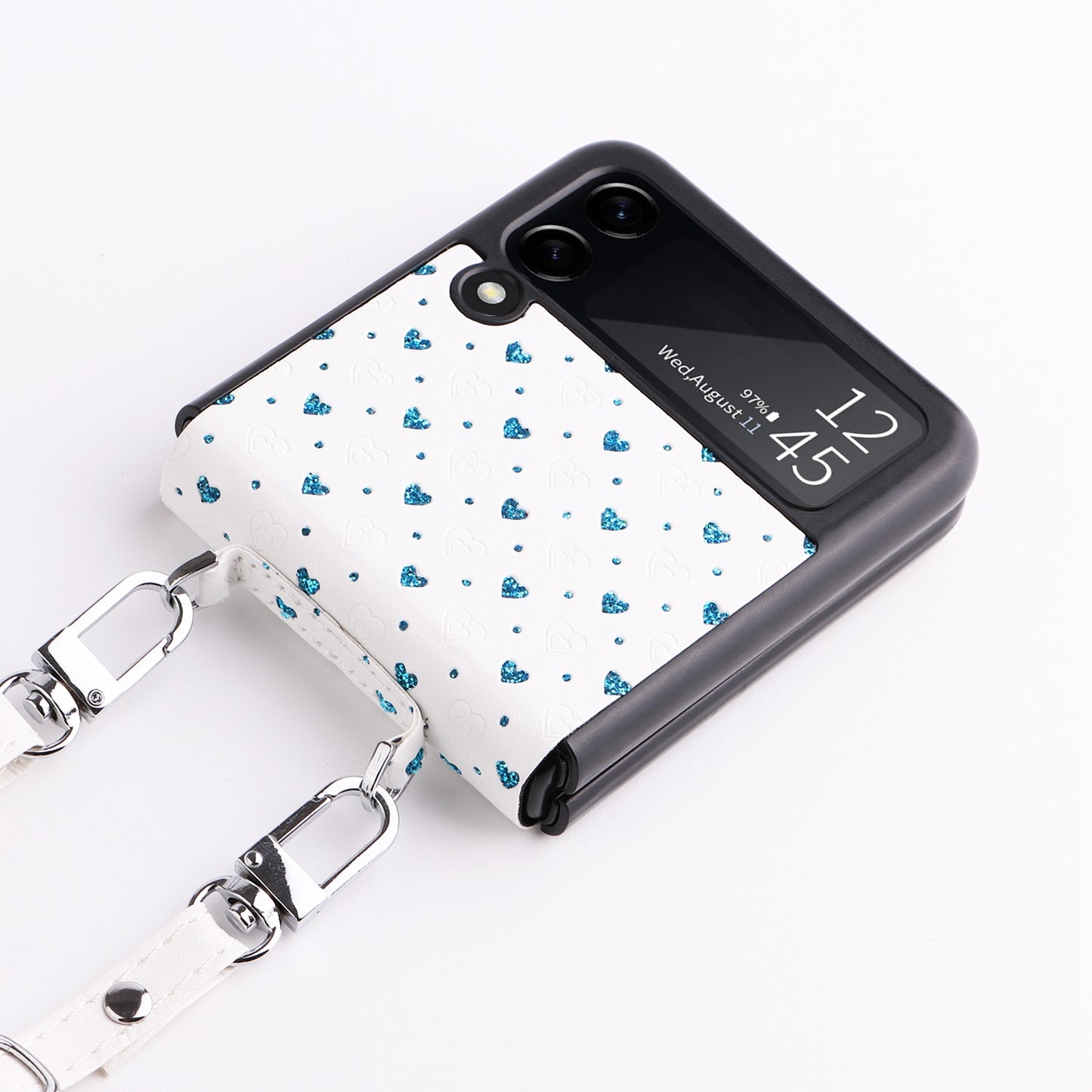 For Samsung Galaxy Z Flip3 5G PU Leather Coated PC Case Multiple Heart Shapes One-piece Phone Cover with Shoulder Strap