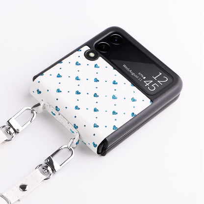 For Samsung Galaxy Z Flip3 5G PU Leather Coated PC Case Multiple Heart Shapes One-piece Phone Cover with Shoulder Strap