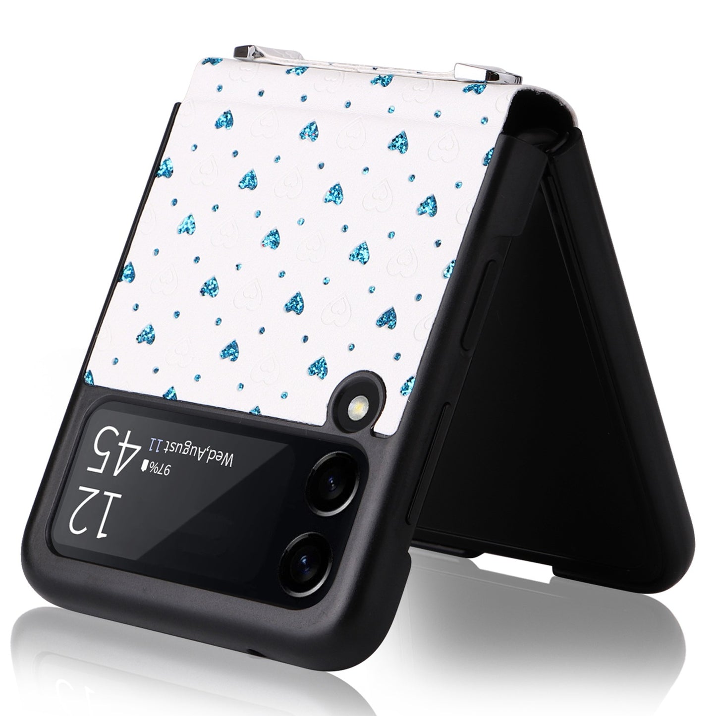 For Samsung Galaxy Z Flip3 5G PU Leather Coated PC Case Multiple Heart Shapes One-piece Phone Cover with Shoulder Strap