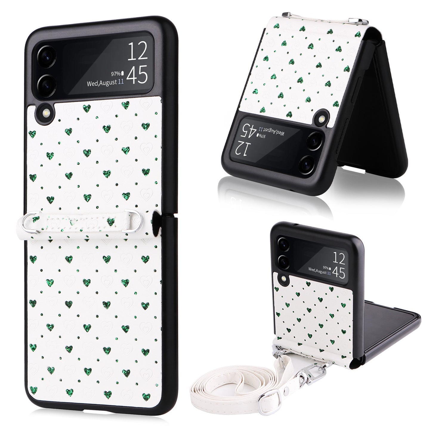 For Samsung Galaxy Z Flip3 5G PU Leather Coated PC Case Multiple Heart Shapes One-piece Phone Cover with Shoulder Strap