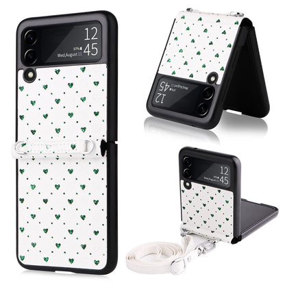 For Samsung Galaxy Z Flip3 5G PU Leather Coated PC Case Multiple Heart Shapes One-piece Phone Cover with Shoulder Strap