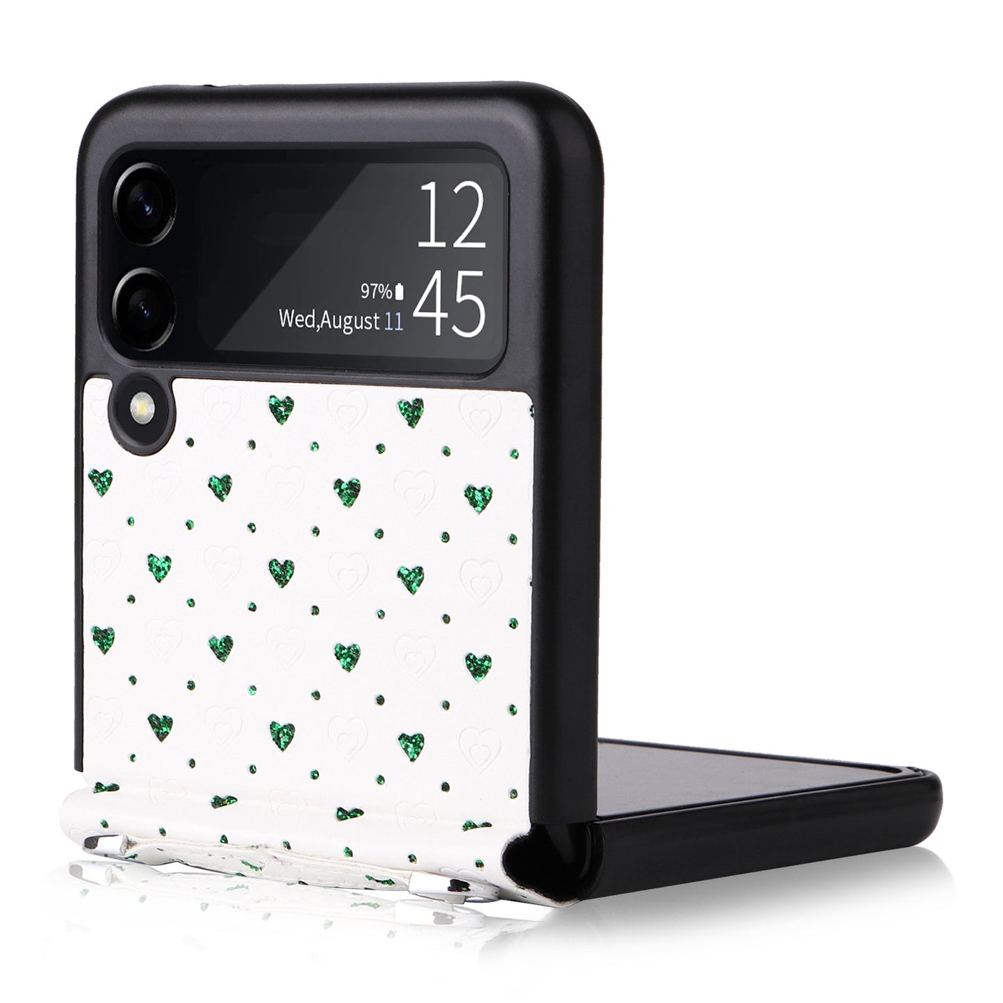 For Samsung Galaxy Z Flip3 5G PU Leather Coated PC Case Multiple Heart Shapes One-piece Phone Cover with Shoulder Strap