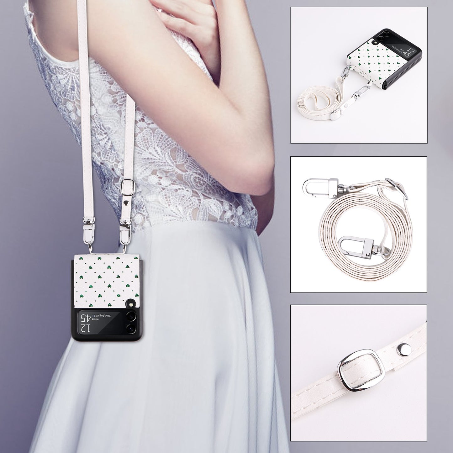 For Samsung Galaxy Z Flip3 5G PU Leather Coated PC Case Multiple Heart Shapes One-piece Phone Cover with Shoulder Strap