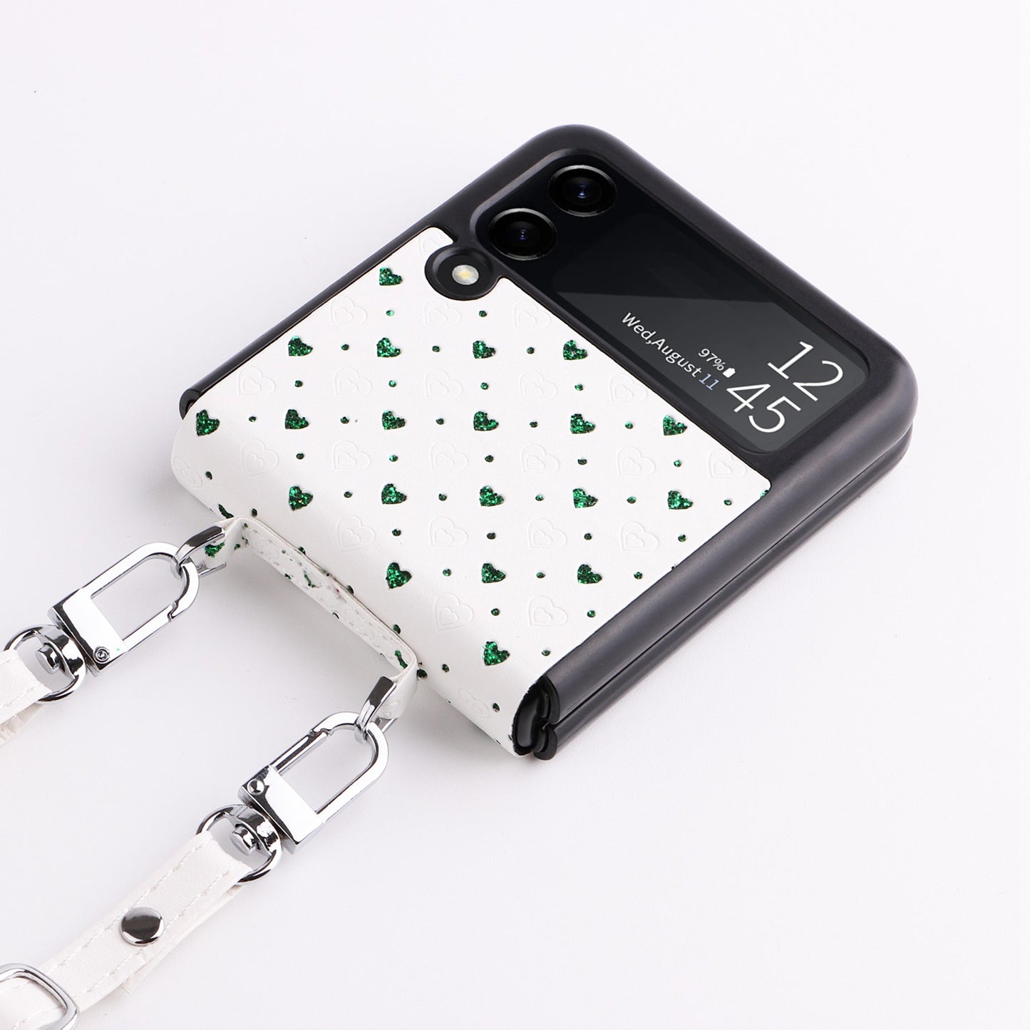 For Samsung Galaxy Z Flip3 5G PU Leather Coated PC Case Multiple Heart Shapes One-piece Phone Cover with Shoulder Strap