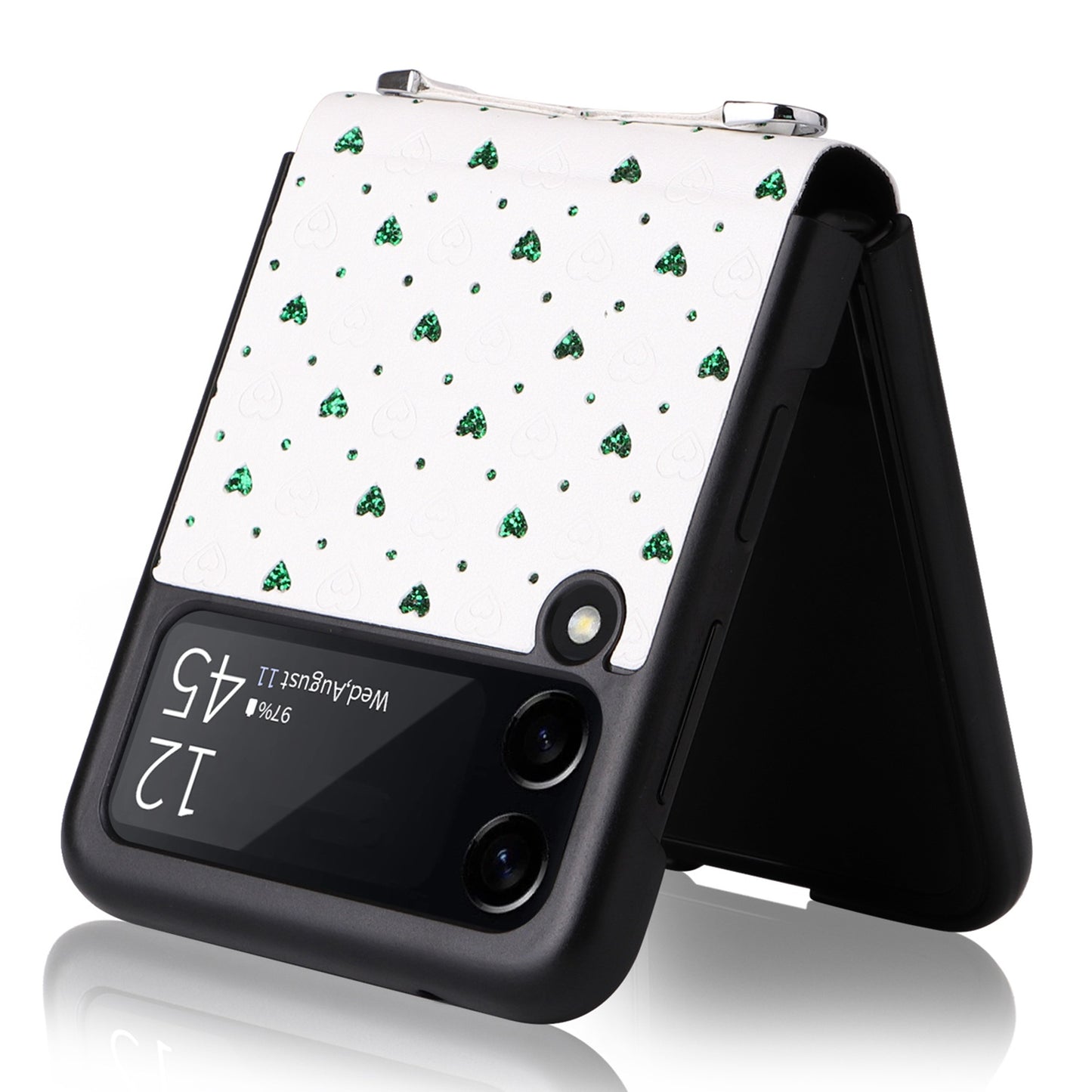 For Samsung Galaxy Z Flip3 5G PU Leather Coated PC Case Multiple Heart Shapes One-piece Phone Cover with Shoulder Strap