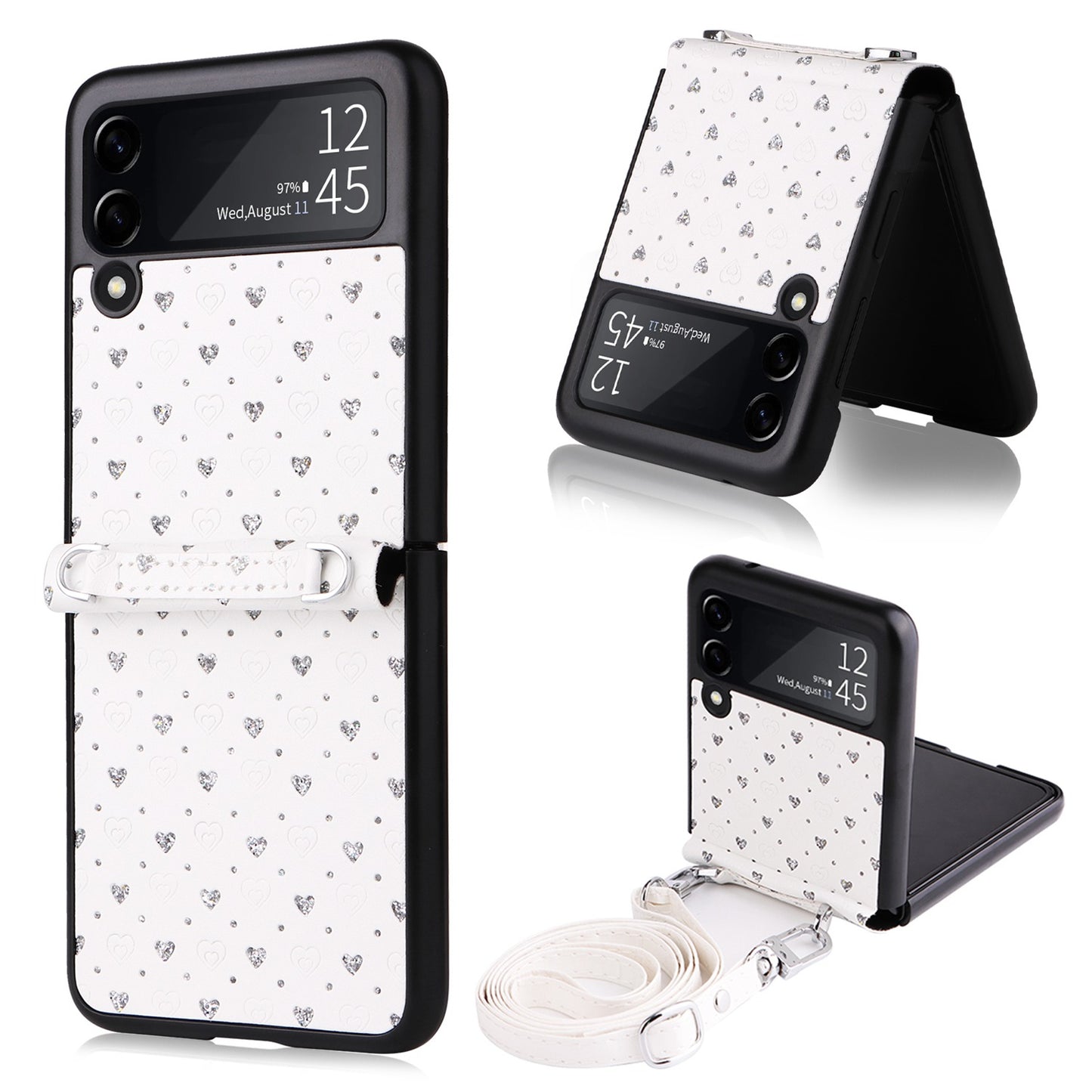 For Samsung Galaxy Z Flip3 5G PU Leather Coated PC Case Multiple Heart Shapes One-piece Phone Cover with Shoulder Strap