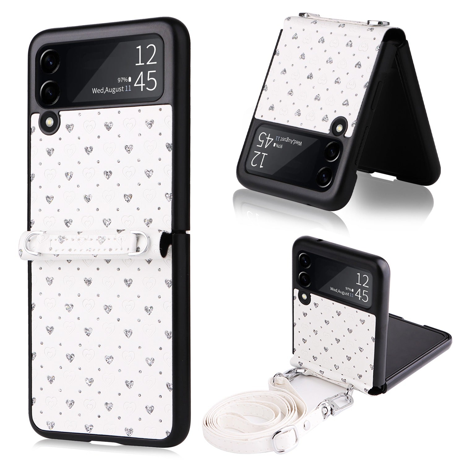 For Samsung Galaxy Z Flip3 5G PU Leather Coated PC Case Multiple Heart Shapes One-piece Phone Cover with Shoulder Strap