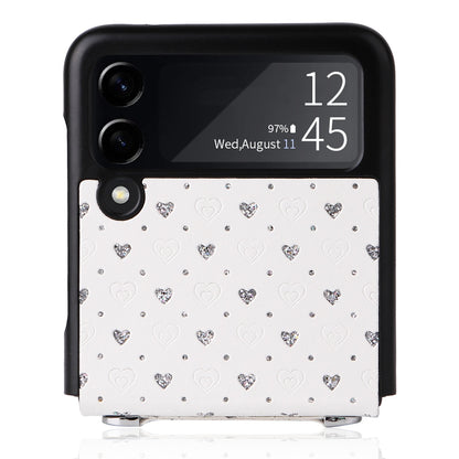 For Samsung Galaxy Z Flip3 5G PU Leather Coated PC Case Multiple Heart Shapes One-piece Phone Cover with Shoulder Strap