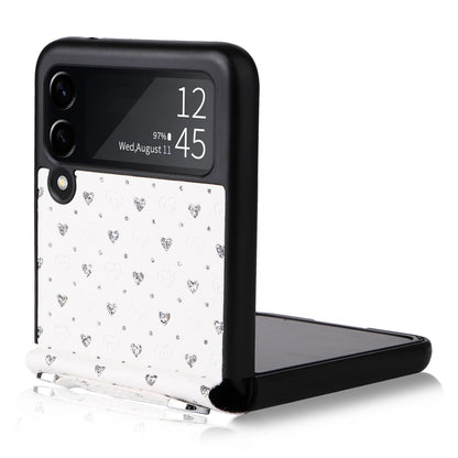 For Samsung Galaxy Z Flip3 5G PU Leather Coated PC Case Multiple Heart Shapes One-piece Phone Cover with Shoulder Strap