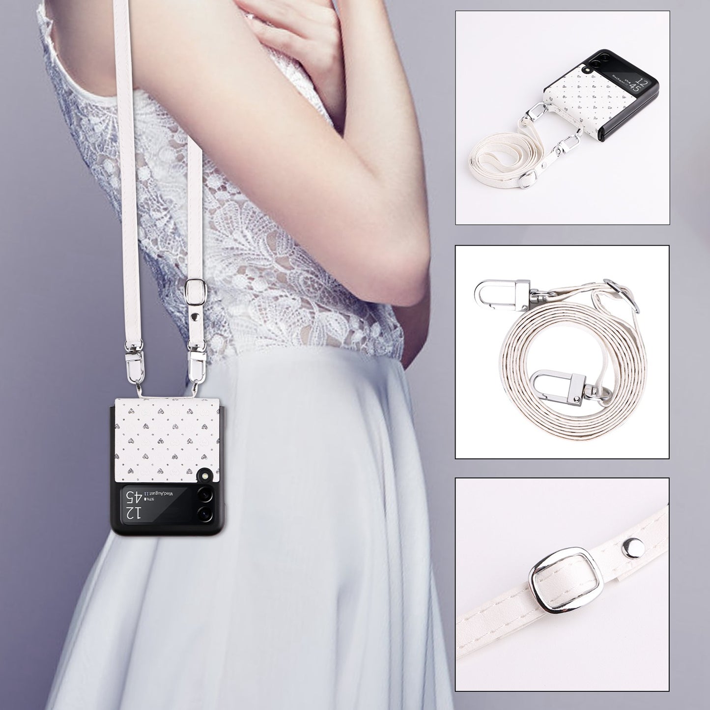 For Samsung Galaxy Z Flip3 5G PU Leather Coated PC Case Multiple Heart Shapes One-piece Phone Cover with Shoulder Strap