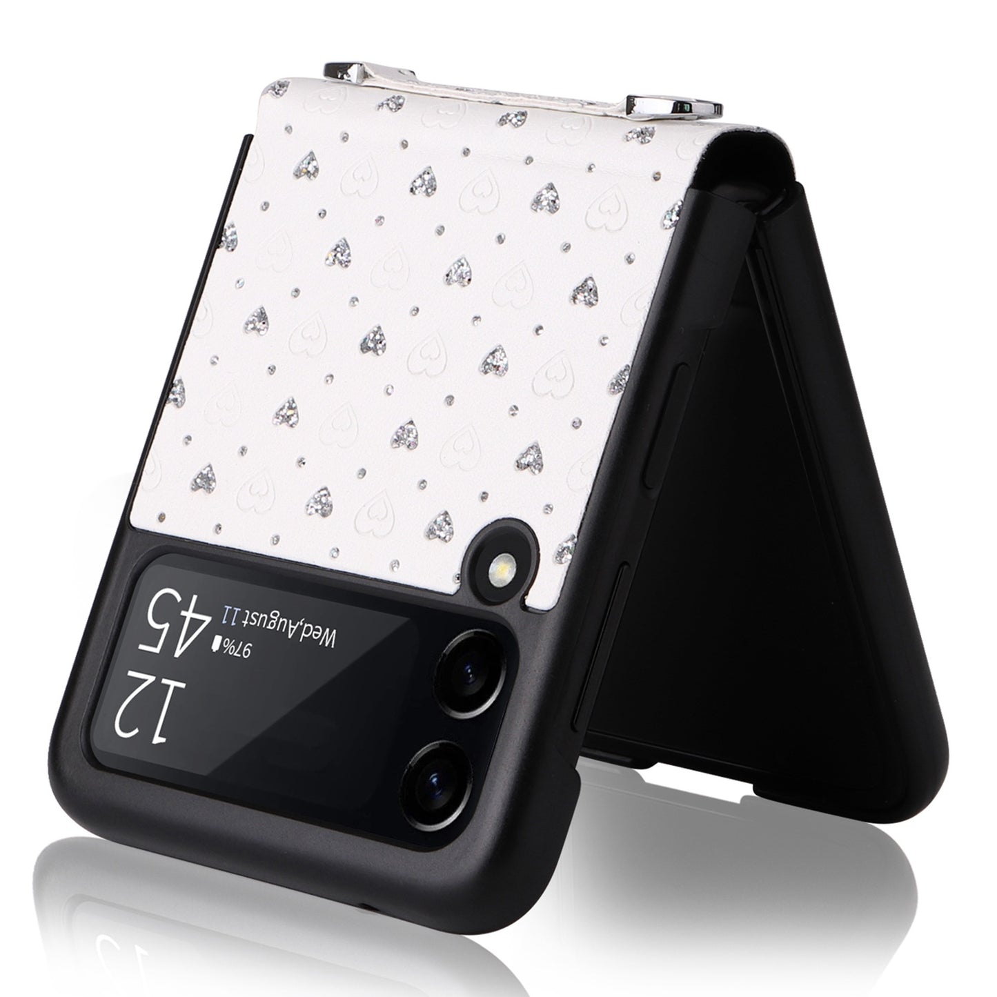 For Samsung Galaxy Z Flip3 5G PU Leather Coated PC Case Multiple Heart Shapes One-piece Phone Cover with Shoulder Strap