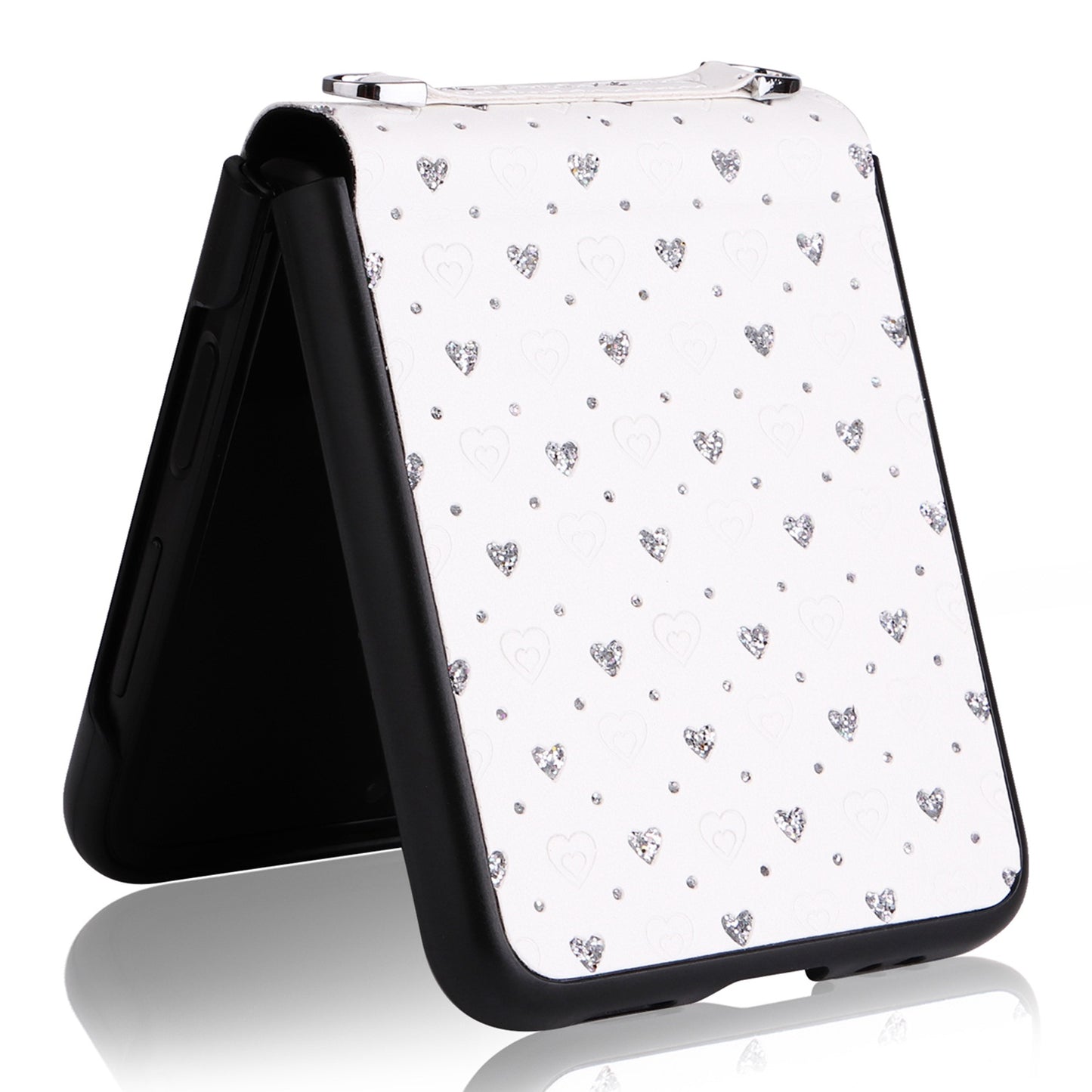 For Samsung Galaxy Z Flip3 5G PU Leather Coated PC Case Multiple Heart Shapes One-piece Phone Cover with Shoulder Strap