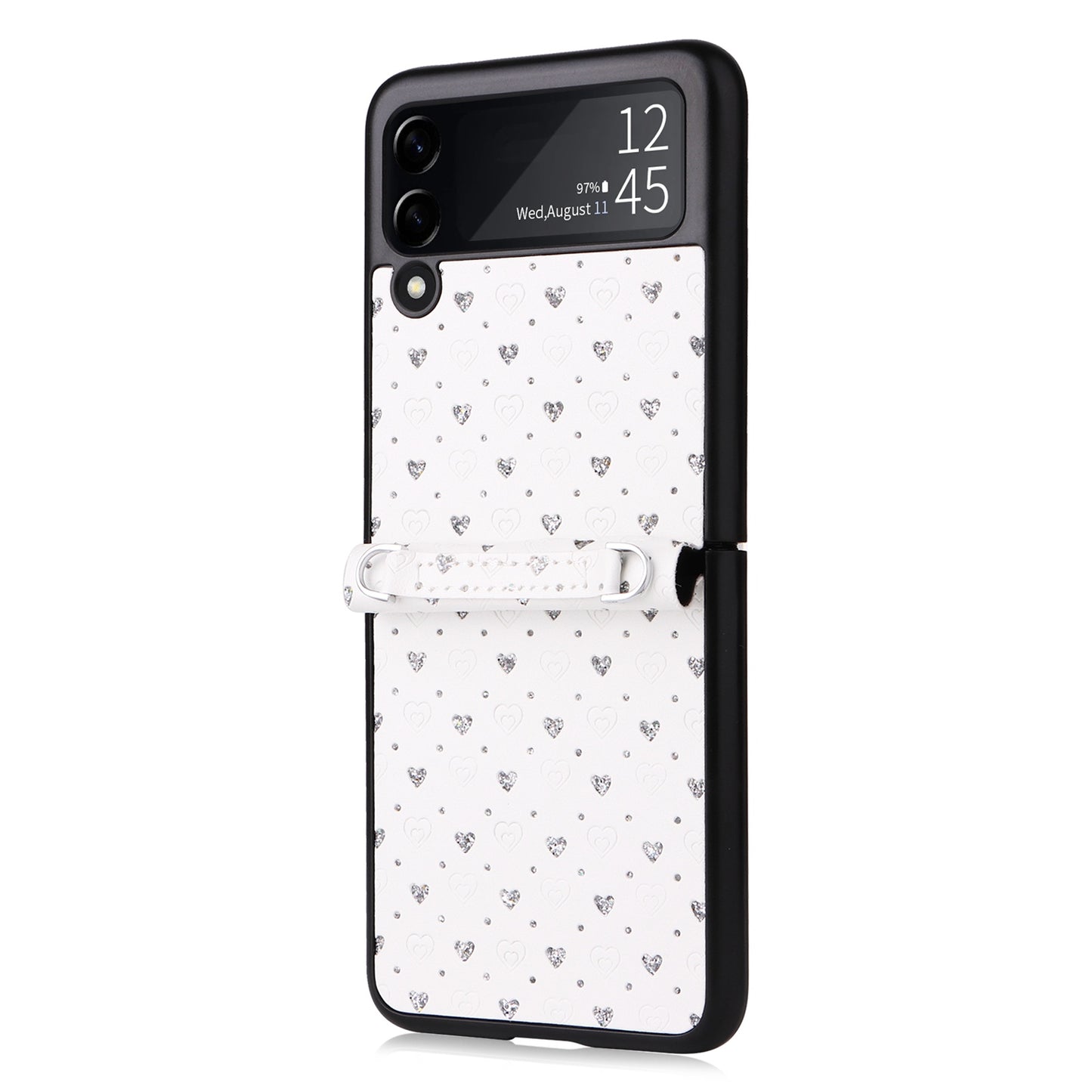 For Samsung Galaxy Z Flip3 5G PU Leather Coated PC Case Multiple Heart Shapes One-piece Phone Cover with Shoulder Strap