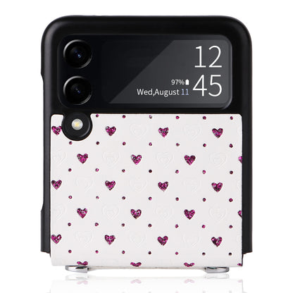 For Samsung Galaxy Z Flip3 5G PU Leather Coated PC Case Multiple Heart Shapes One-piece Phone Cover with Shoulder Strap