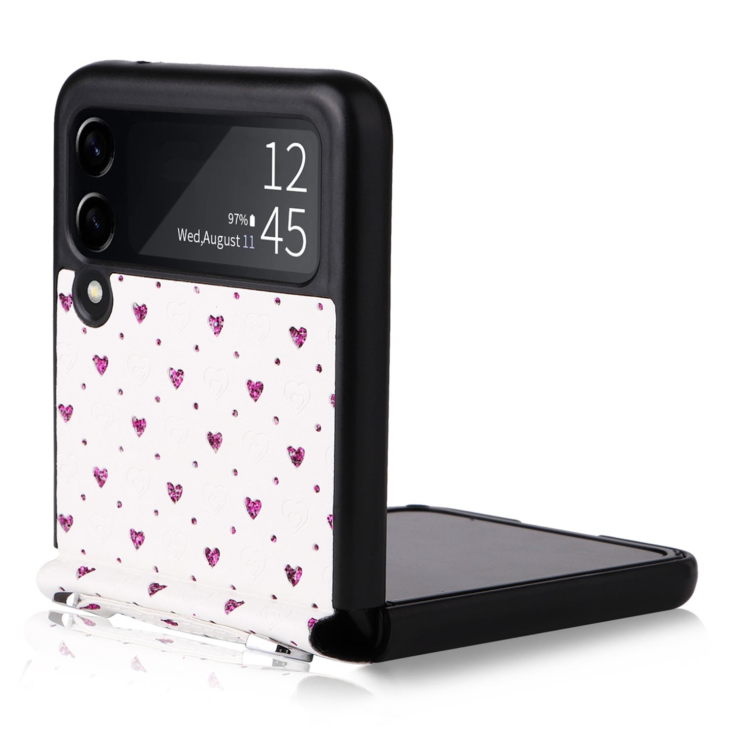 For Samsung Galaxy Z Flip3 5G PU Leather Coated PC Case Multiple Heart Shapes One-piece Phone Cover with Shoulder Strap