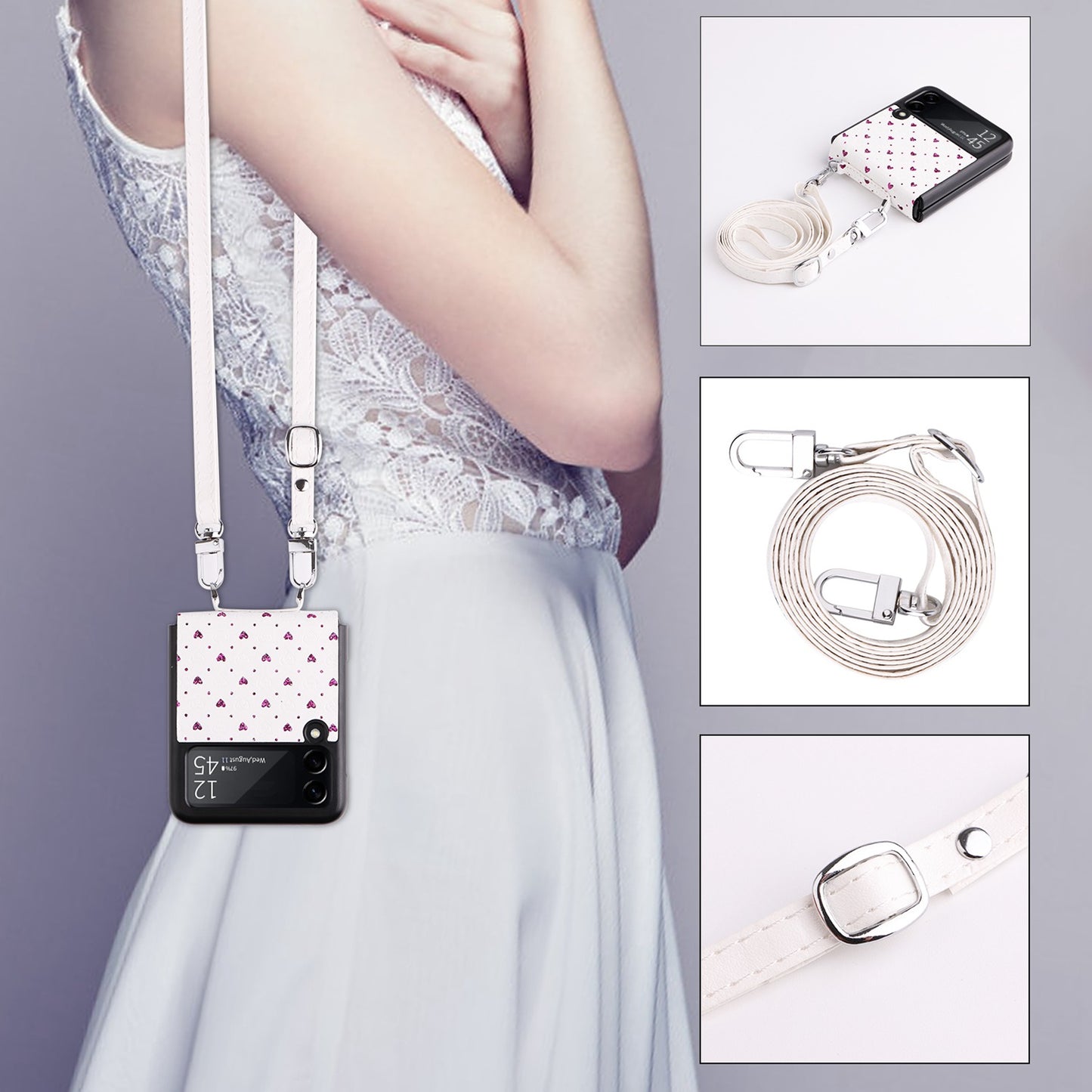 For Samsung Galaxy Z Flip3 5G PU Leather Coated PC Case Multiple Heart Shapes One-piece Phone Cover with Shoulder Strap