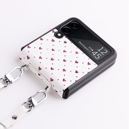 For Samsung Galaxy Z Flip3 5G PU Leather Coated PC Case Multiple Heart Shapes One-piece Phone Cover with Shoulder Strap