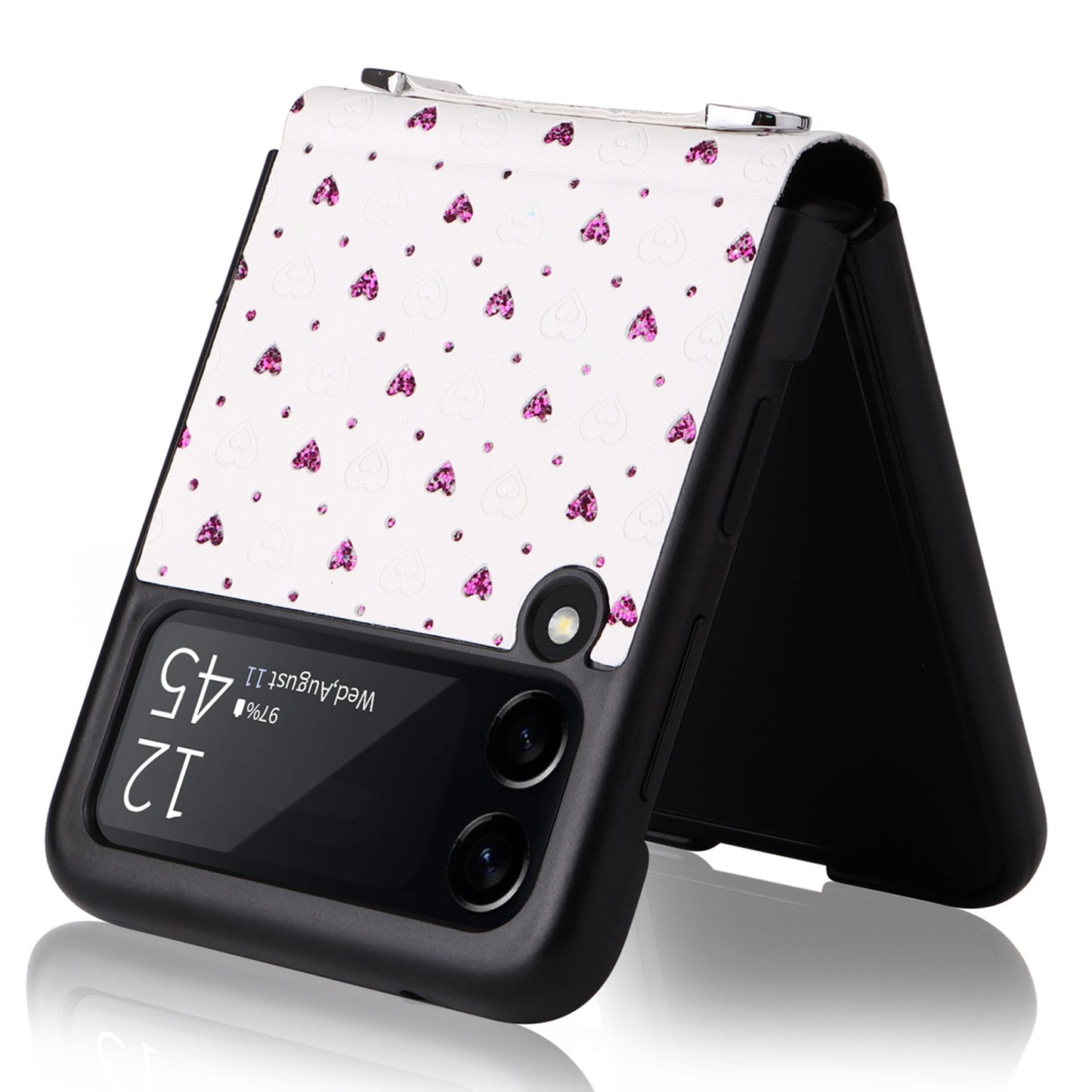 For Samsung Galaxy Z Flip3 5G PU Leather Coated PC Case Multiple Heart Shapes One-piece Phone Cover with Shoulder Strap