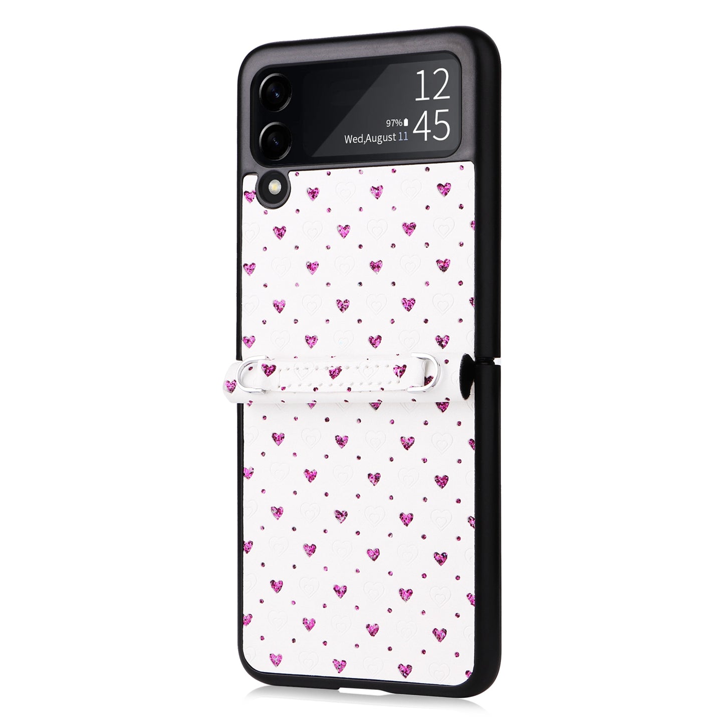 For Samsung Galaxy Z Flip3 5G PU Leather Coated PC Case Multiple Heart Shapes One-piece Phone Cover with Shoulder Strap