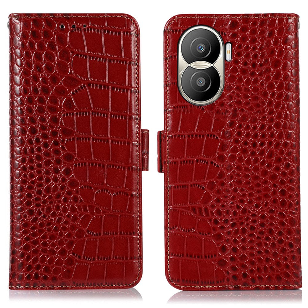 For Honor X40i 5G Anti-scratch Crocodile Texture Phone Case Genuine Cowhide Leather Wallet Stand RFID Blocking Folio Magnetic Closure Phone Cover