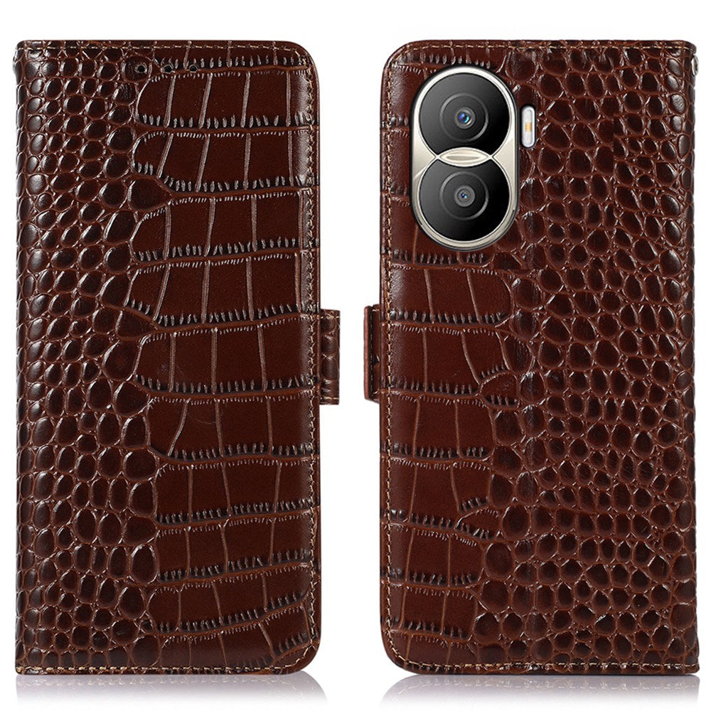 For Honor X40i 5G Anti-scratch Crocodile Texture Phone Case Genuine Cowhide Leather Wallet Stand RFID Blocking Folio Magnetic Closure Phone Cover