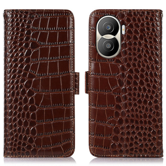 For Honor X40i 5G Anti-scratch Crocodile Texture Phone Case Genuine Cowhide Leather Wallet Stand RFID Blocking Folio Magnetic Closure Phone Cover