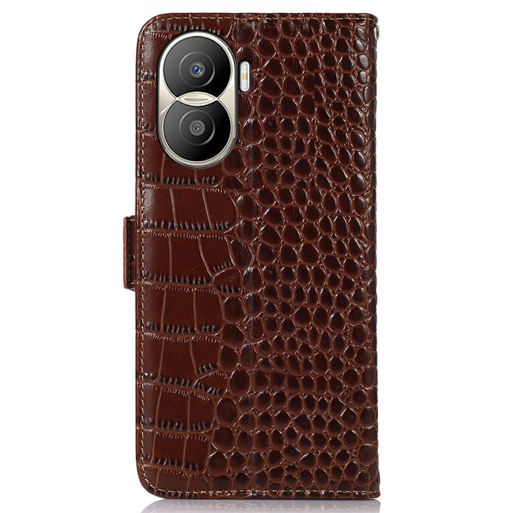 For Honor X40i 5G Anti-scratch Crocodile Texture Phone Case Genuine Cowhide Leather Wallet Stand RFID Blocking Folio Magnetic Closure Phone Cover