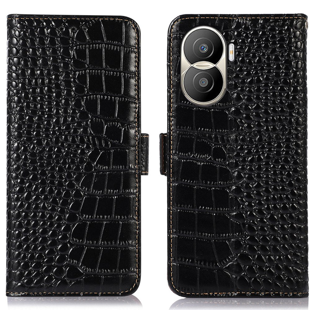 For Honor X40i 5G Anti-scratch Crocodile Texture Phone Case Genuine Cowhide Leather Wallet Stand RFID Blocking Folio Magnetic Closure Phone Cover