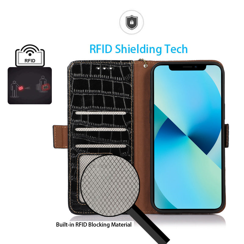 For Honor X40i 5G Anti-scratch Crocodile Texture Phone Case Genuine Cowhide Leather Wallet Stand RFID Blocking Folio Magnetic Closure Phone Cover