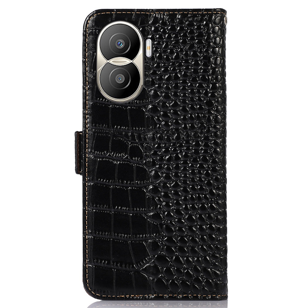 For Honor X40i 5G Anti-scratch Crocodile Texture Phone Case Genuine Cowhide Leather Wallet Stand RFID Blocking Folio Magnetic Closure Phone Cover