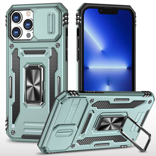 For iPhone 13 Pro 6.1 inch Slide Camera Cover Anti-fingerprint Phone Case PC + TPU Ring Kickstand Cell Phone Shell