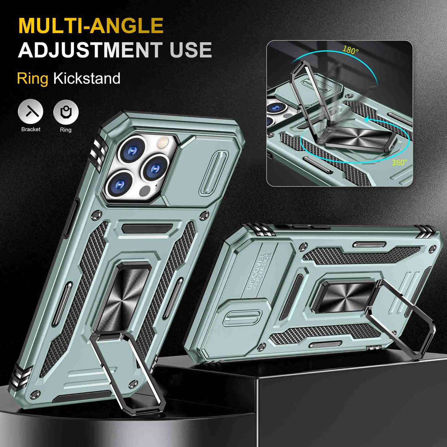 For iPhone 13 Pro 6.1 inch Slide Camera Cover Anti-fingerprint Phone Case PC + TPU Ring Kickstand Cell Phone Shell