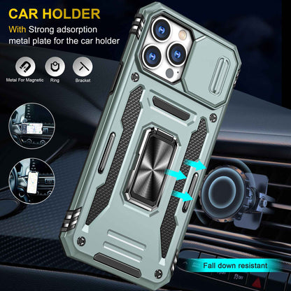 For iPhone 13 Pro 6.1 inch Slide Camera Cover Anti-fingerprint Phone Case PC + TPU Ring Kickstand Cell Phone Shell