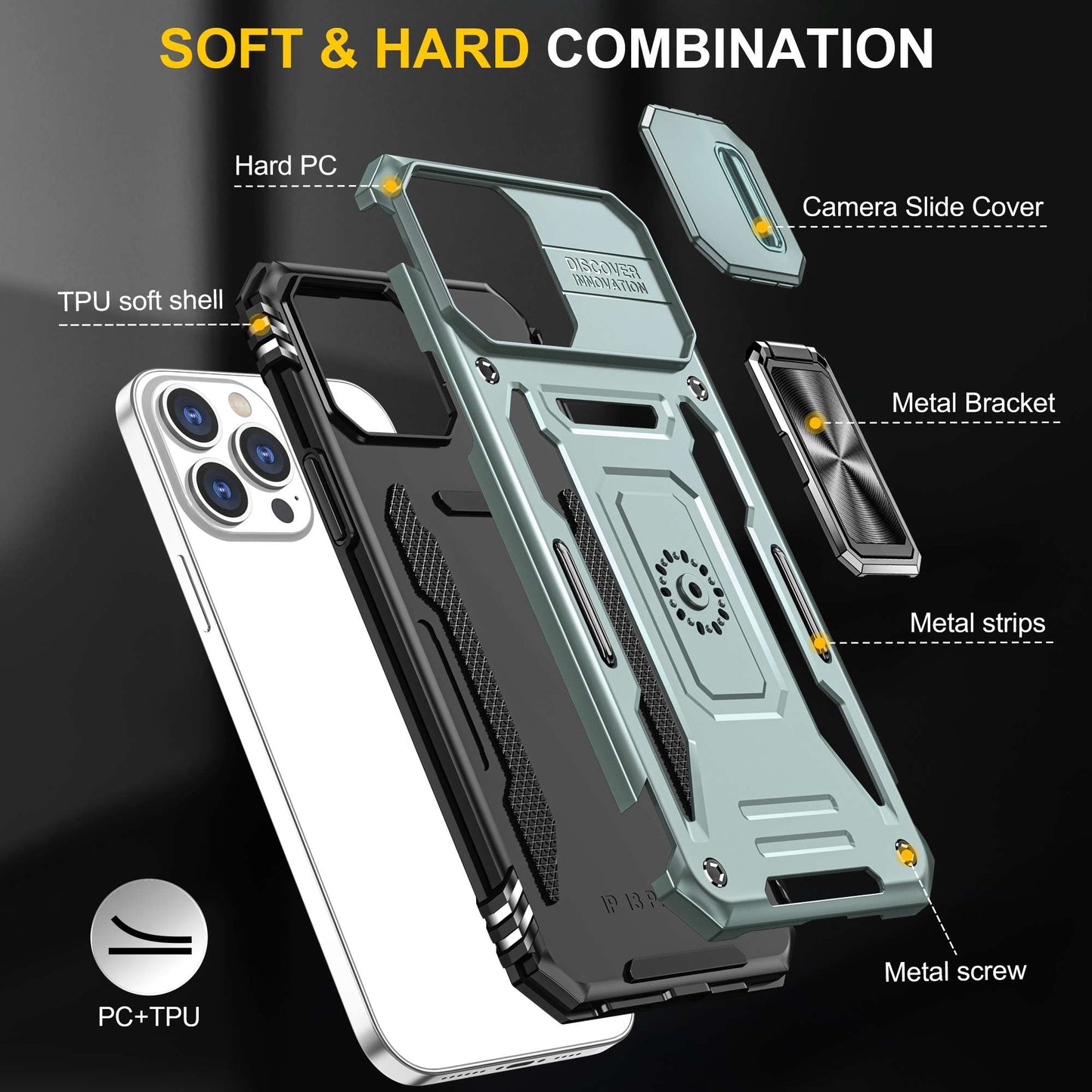 For iPhone 13 Pro 6.1 inch Slide Camera Cover Anti-fingerprint Phone Case PC + TPU Ring Kickstand Cell Phone Shell