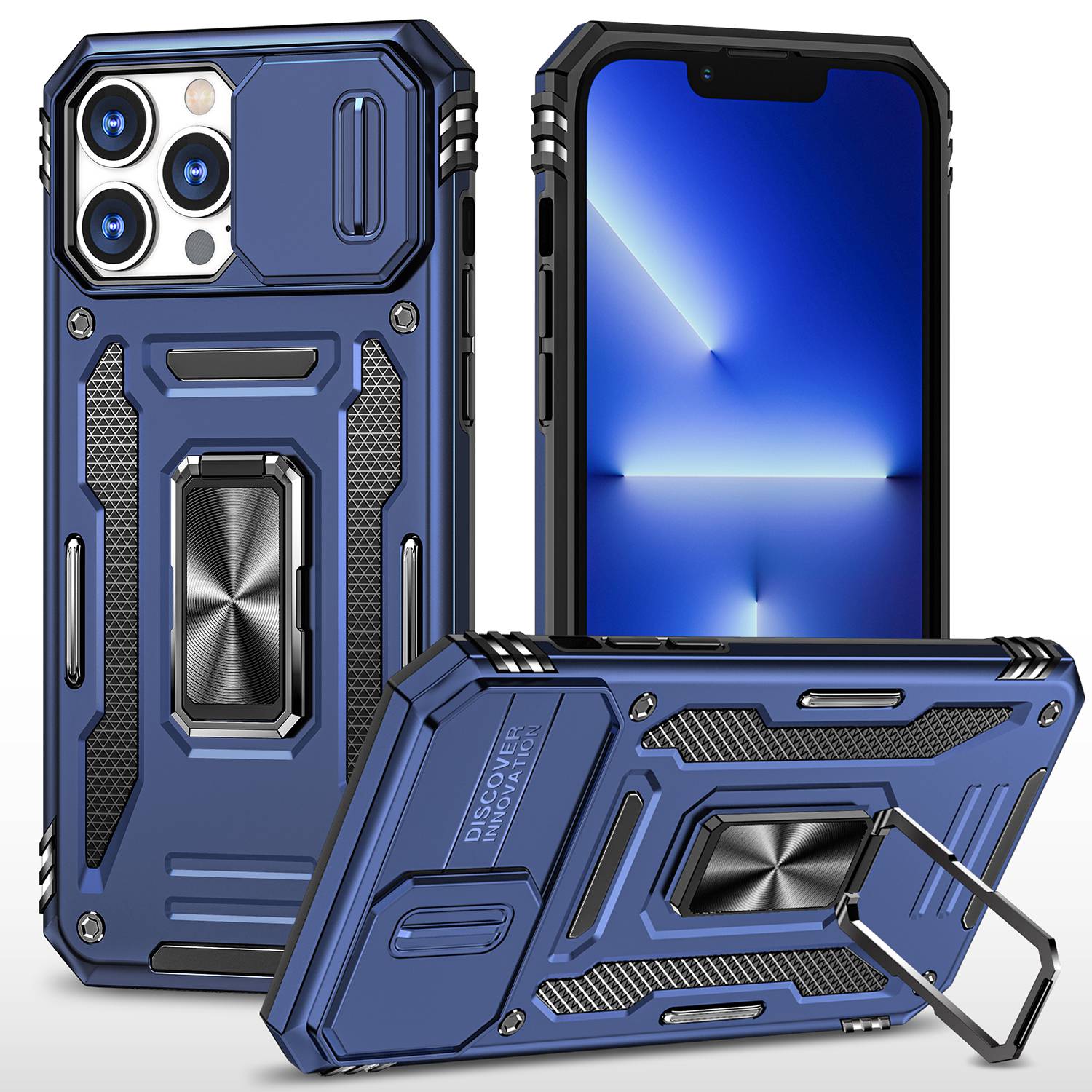 For iPhone 13 Pro 6.1 inch Slide Camera Cover Anti-fingerprint Phone Case PC + TPU Ring Kickstand Cell Phone Shell