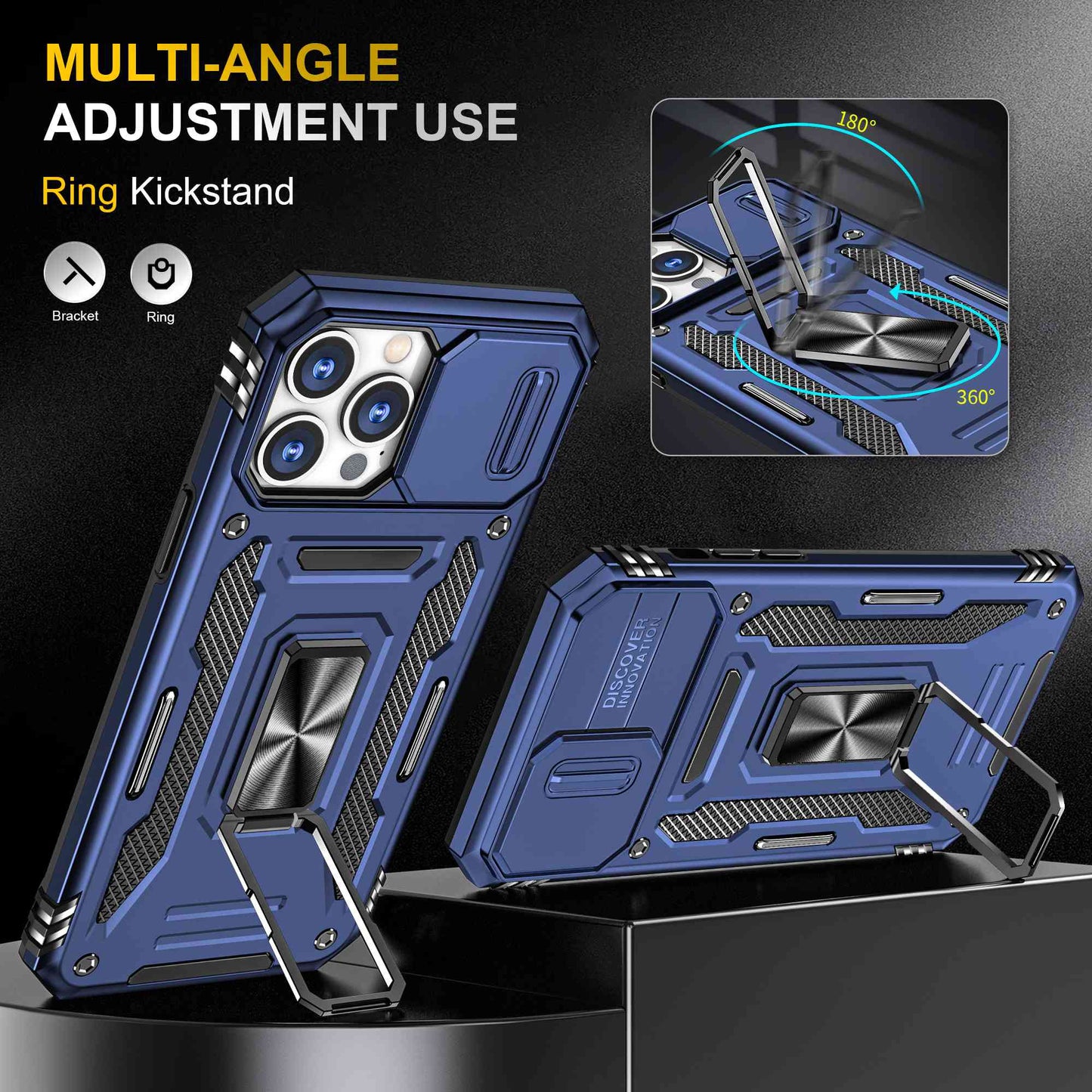 For iPhone 13 Pro 6.1 inch Slide Camera Cover Anti-fingerprint Phone Case PC + TPU Ring Kickstand Cell Phone Shell