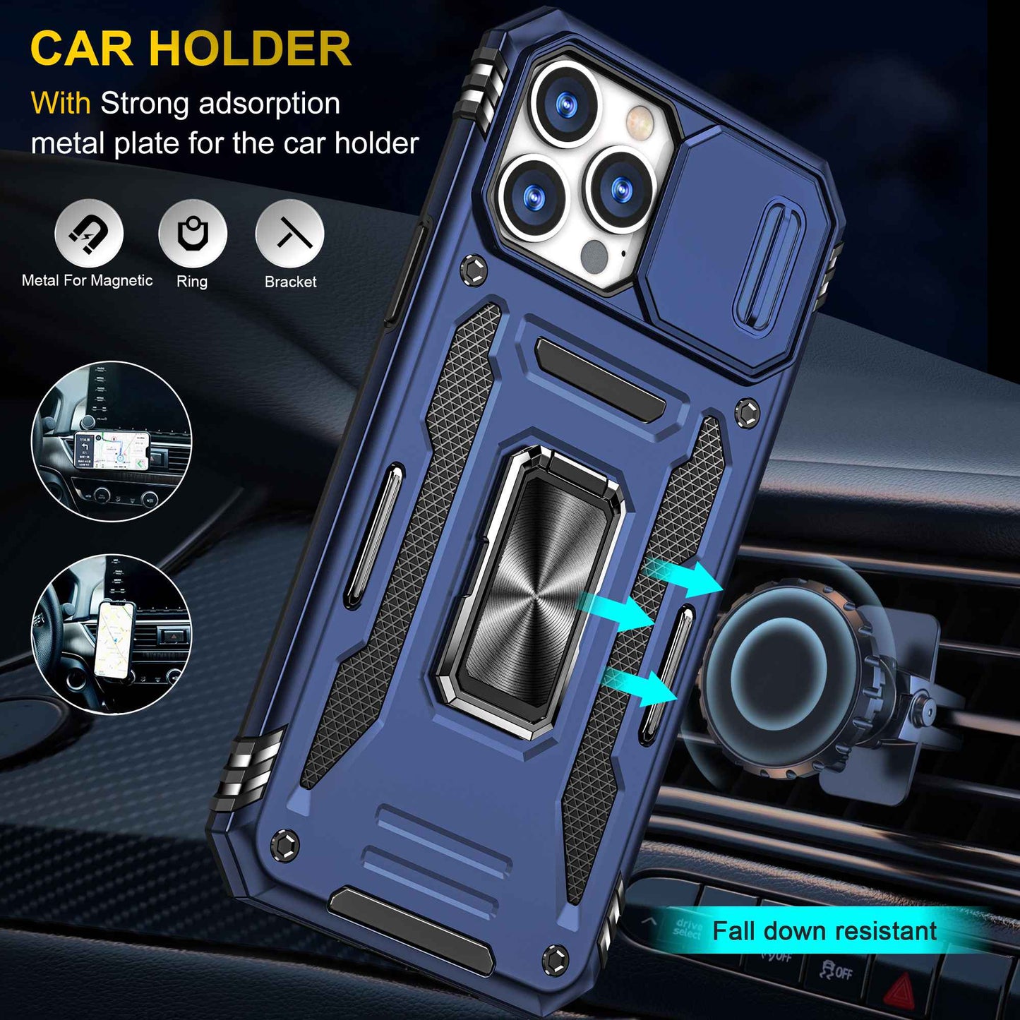 For iPhone 13 Pro 6.1 inch Slide Camera Cover Anti-fingerprint Phone Case PC + TPU Ring Kickstand Cell Phone Shell