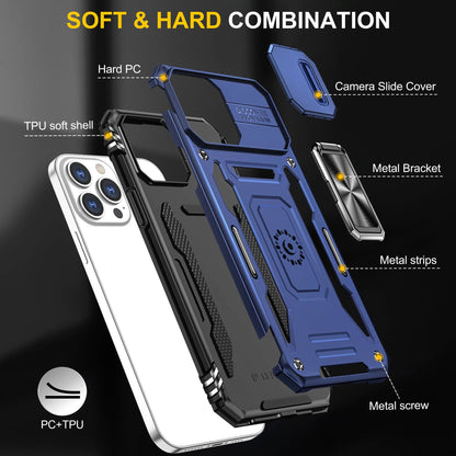 For iPhone 13 Pro 6.1 inch Slide Camera Cover Anti-fingerprint Phone Case PC + TPU Ring Kickstand Cell Phone Shell