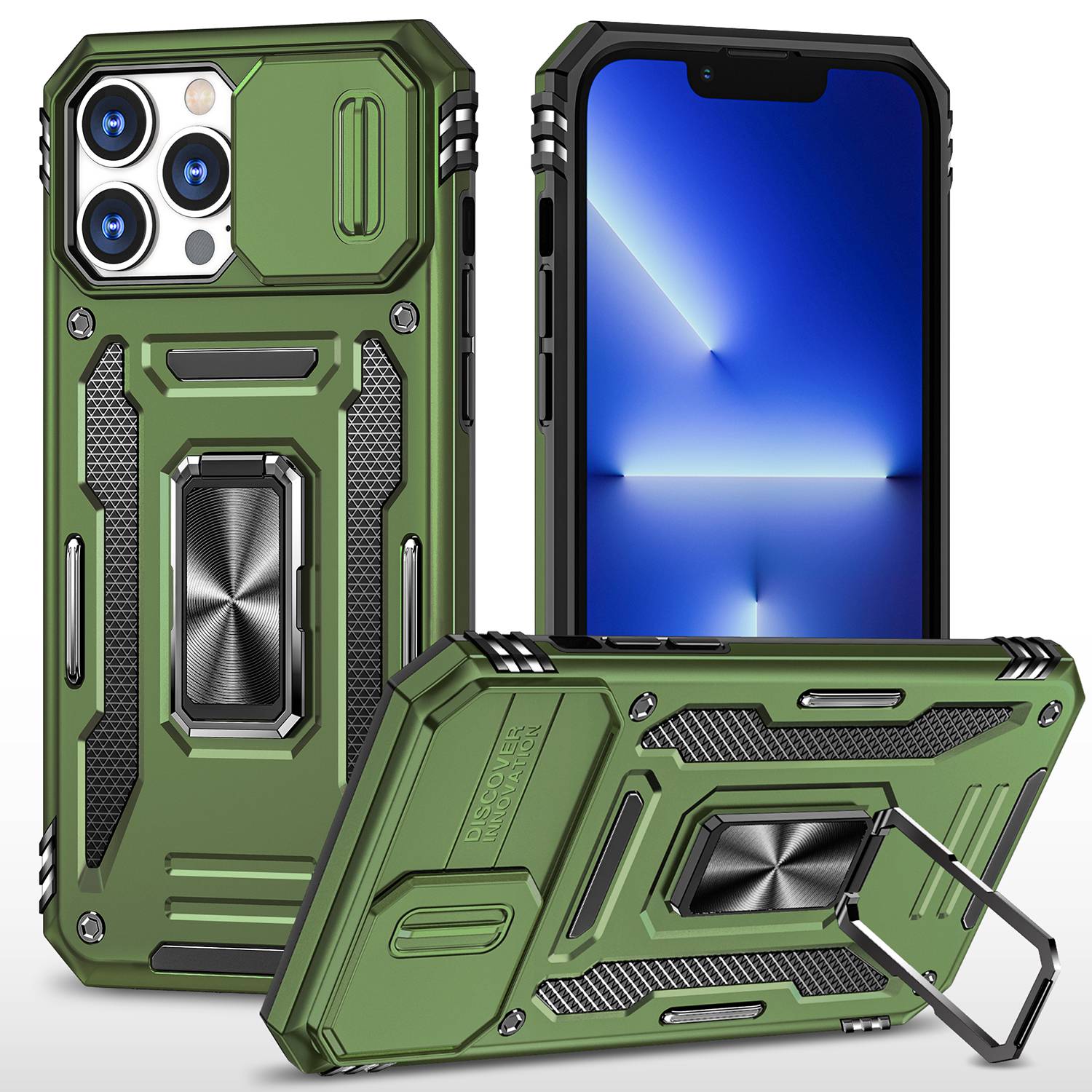 For iPhone 13 Pro 6.1 inch Slide Camera Cover Anti-fingerprint Phone Case PC + TPU Ring Kickstand Cell Phone Shell