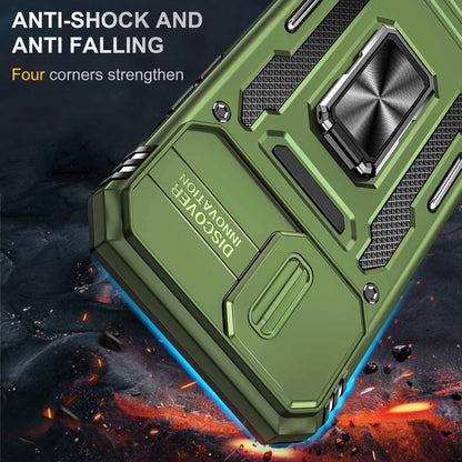 For iPhone 13 Pro 6.1 inch Slide Camera Cover Anti-fingerprint Phone Case PC + TPU Ring Kickstand Cell Phone Shell