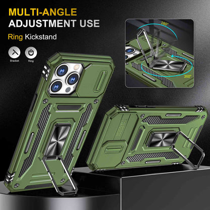 For iPhone 13 Pro 6.1 inch Slide Camera Cover Anti-fingerprint Phone Case PC + TPU Ring Kickstand Cell Phone Shell