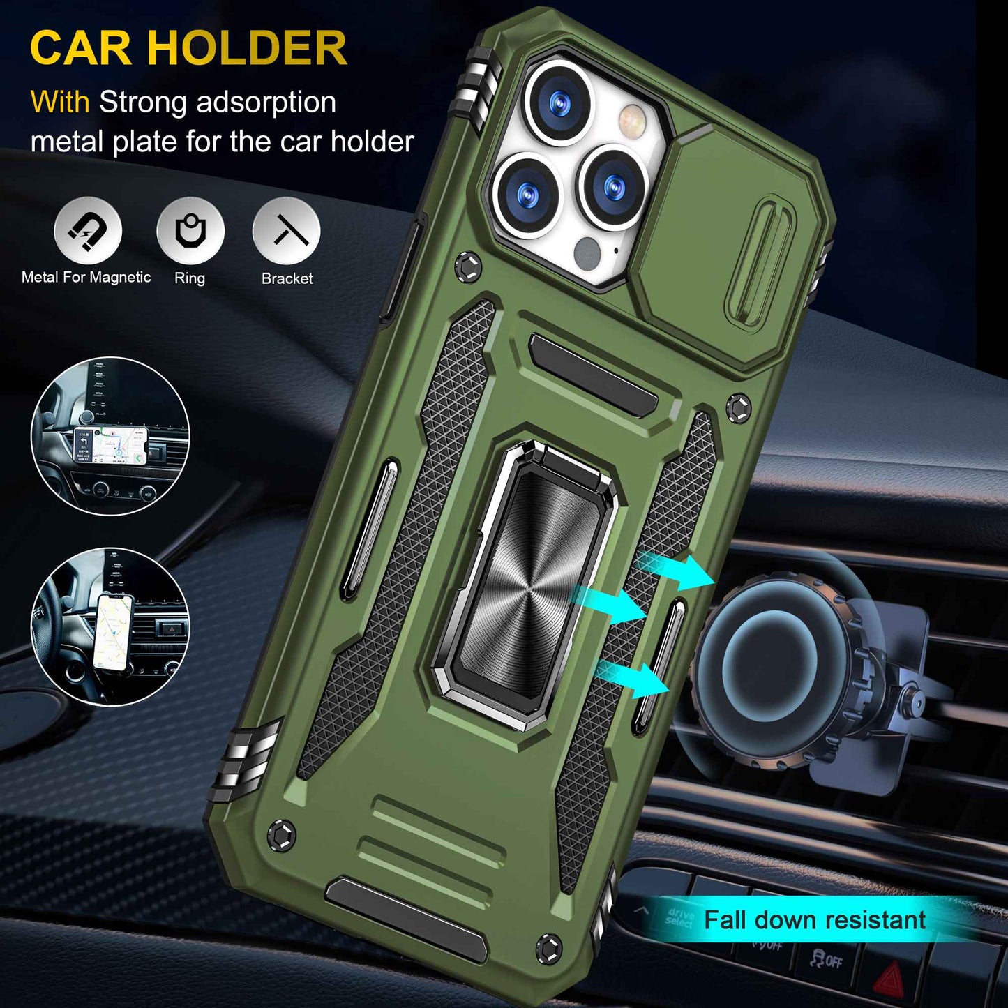 For iPhone 13 Pro 6.1 inch Slide Camera Cover Anti-fingerprint Phone Case PC + TPU Ring Kickstand Cell Phone Shell