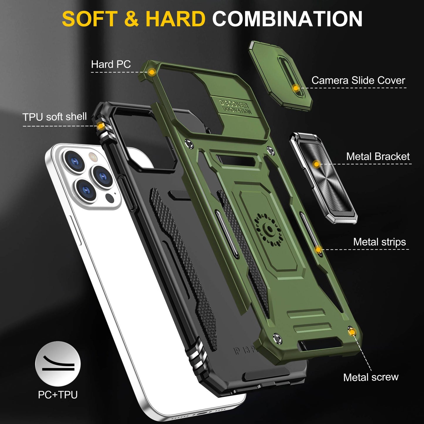 For iPhone 13 Pro 6.1 inch Slide Camera Cover Anti-fingerprint Phone Case PC + TPU Ring Kickstand Cell Phone Shell