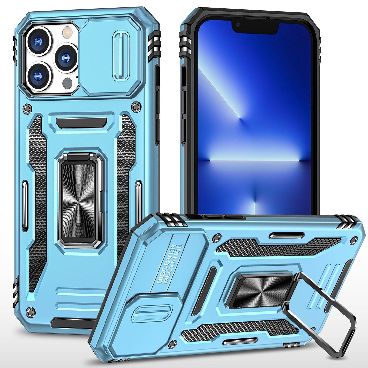 For iPhone 13 Pro 6.1 inch Slide Camera Cover Anti-fingerprint Phone Case PC + TPU Ring Kickstand Cell Phone Shell