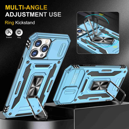 For iPhone 13 Pro 6.1 inch Slide Camera Cover Anti-fingerprint Phone Case PC + TPU Ring Kickstand Cell Phone Shell