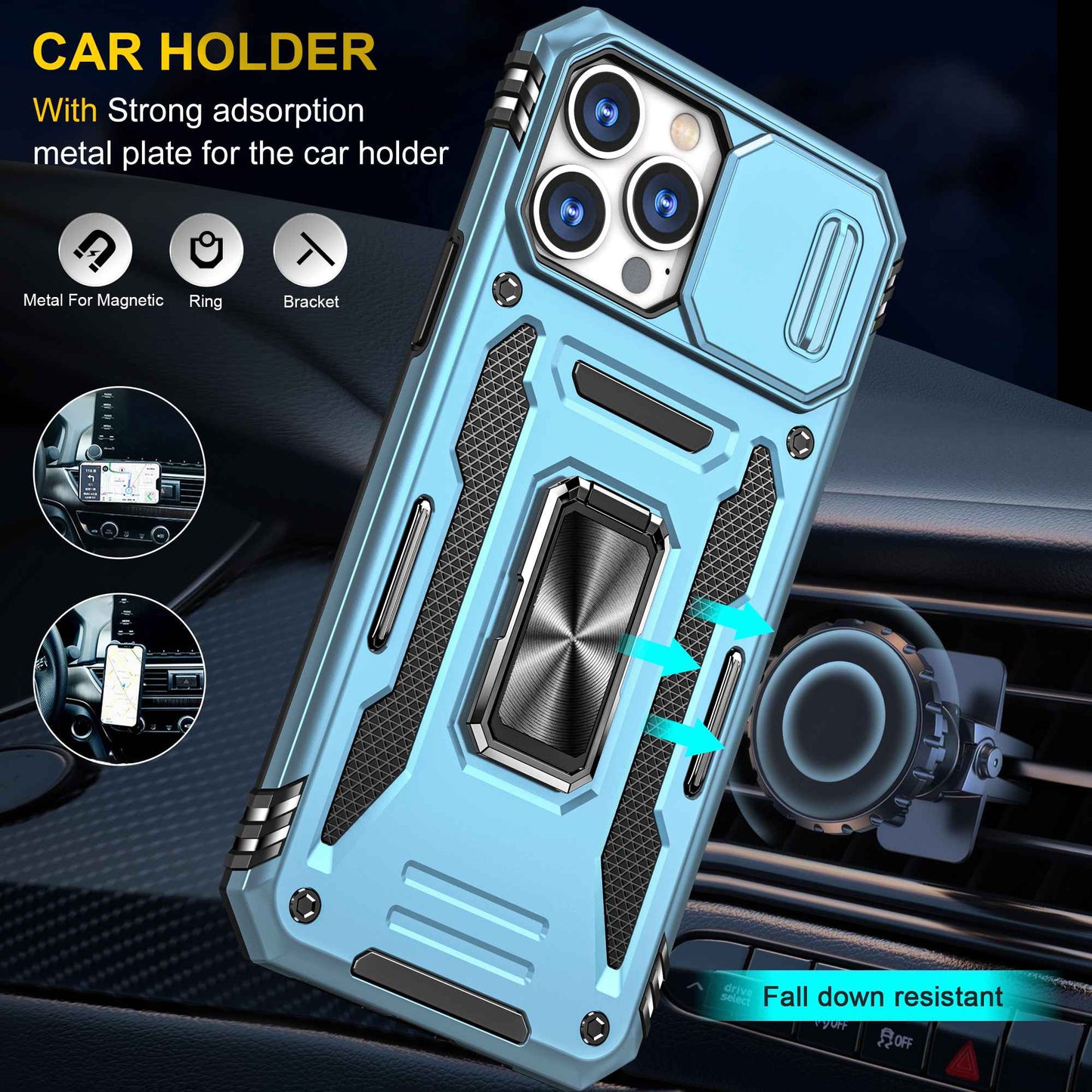 For iPhone 13 Pro 6.1 inch Slide Camera Cover Anti-fingerprint Phone Case PC + TPU Ring Kickstand Cell Phone Shell